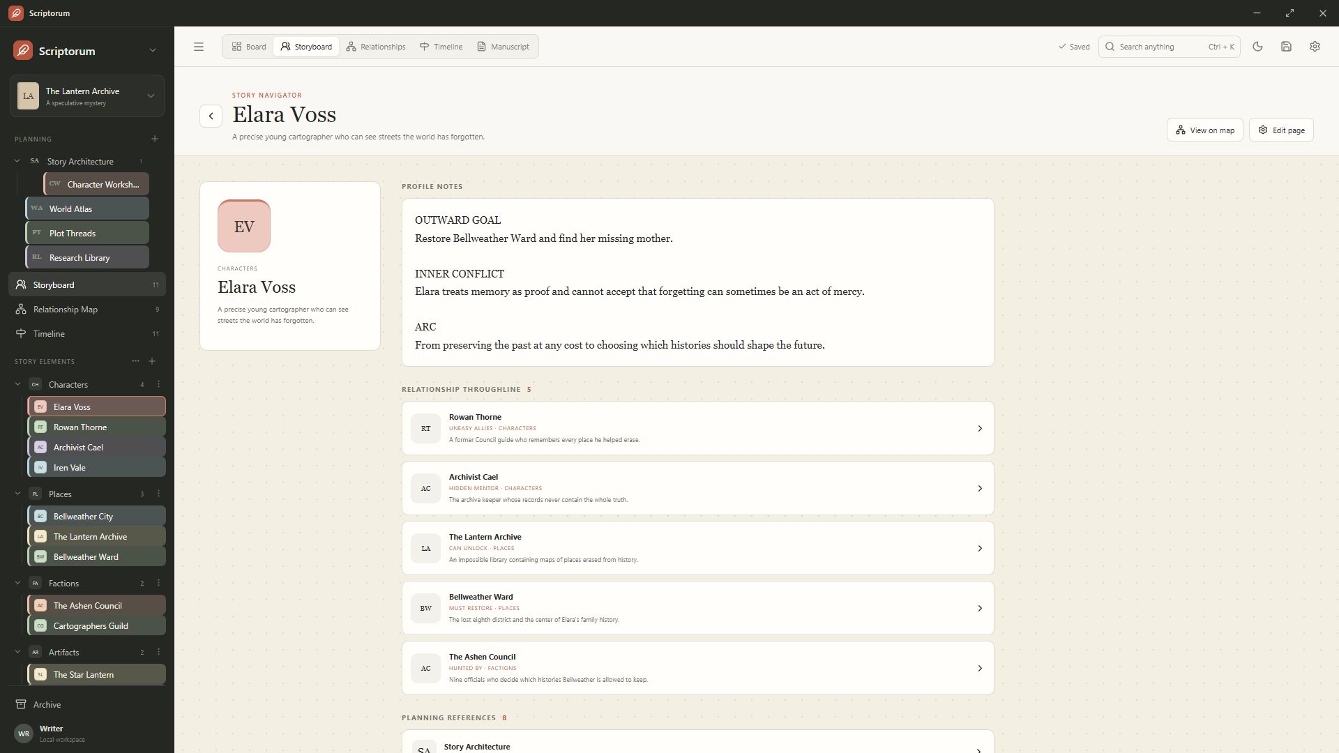 A Scriptorum character profile with direct connections and planning references