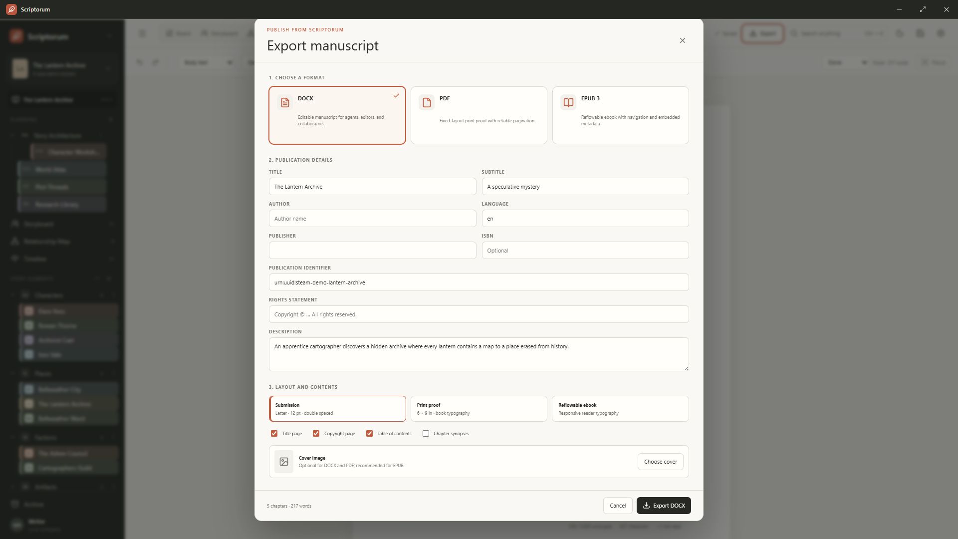 Scriptorum's manuscript export workflow with publication formats and presets