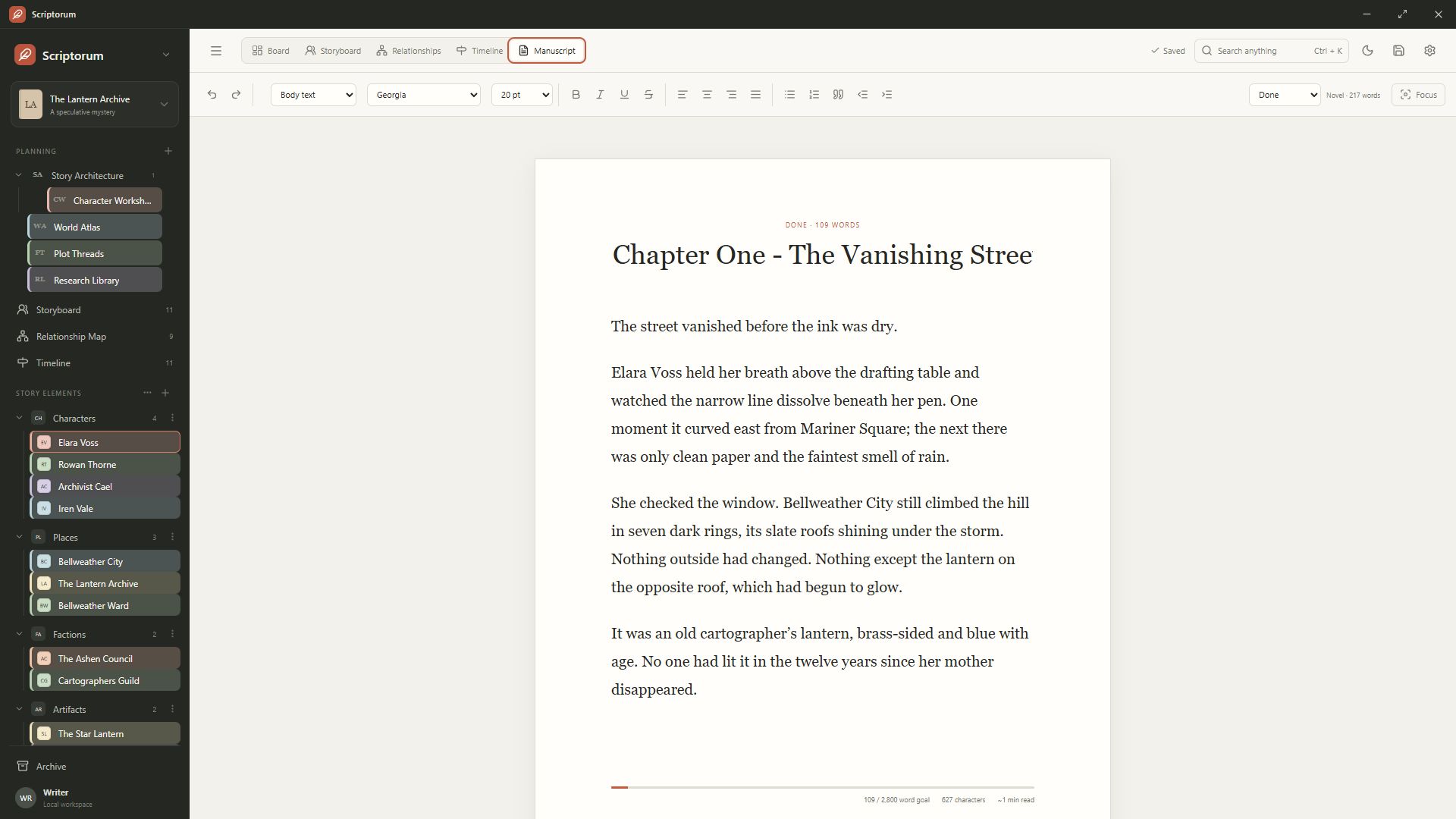 The Scriptorum manuscript editor with chapter navigation and writing tools