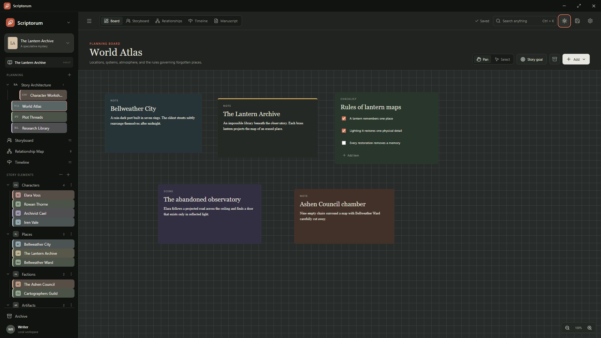A Scriptorum planning board using the midnight appearance