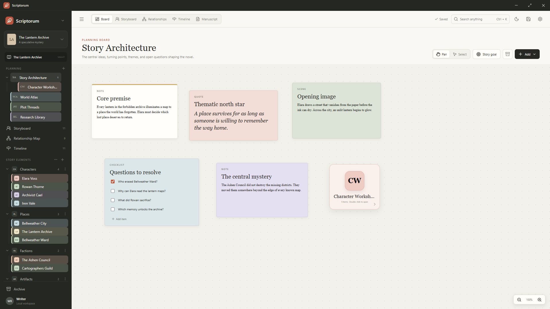 A Scriptorum planning board with story cards arranged across the canvas