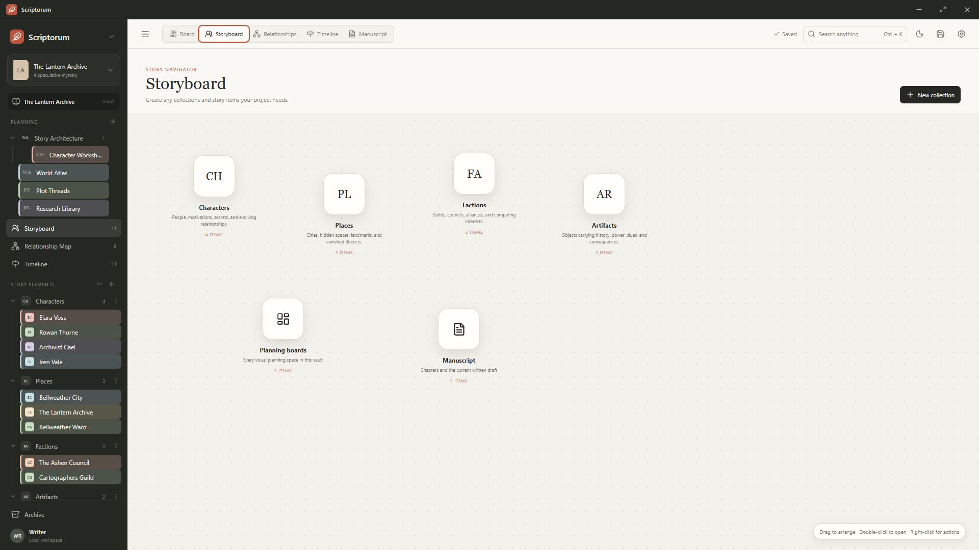 The Scriptorum Story Navigator showing organized story collections